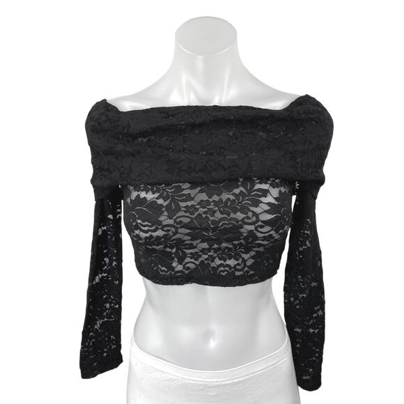 NEW Superdown Black Lace Floral Long Sleeve Off The Shoulder Crop Top Size XS - Picture 2 of 5